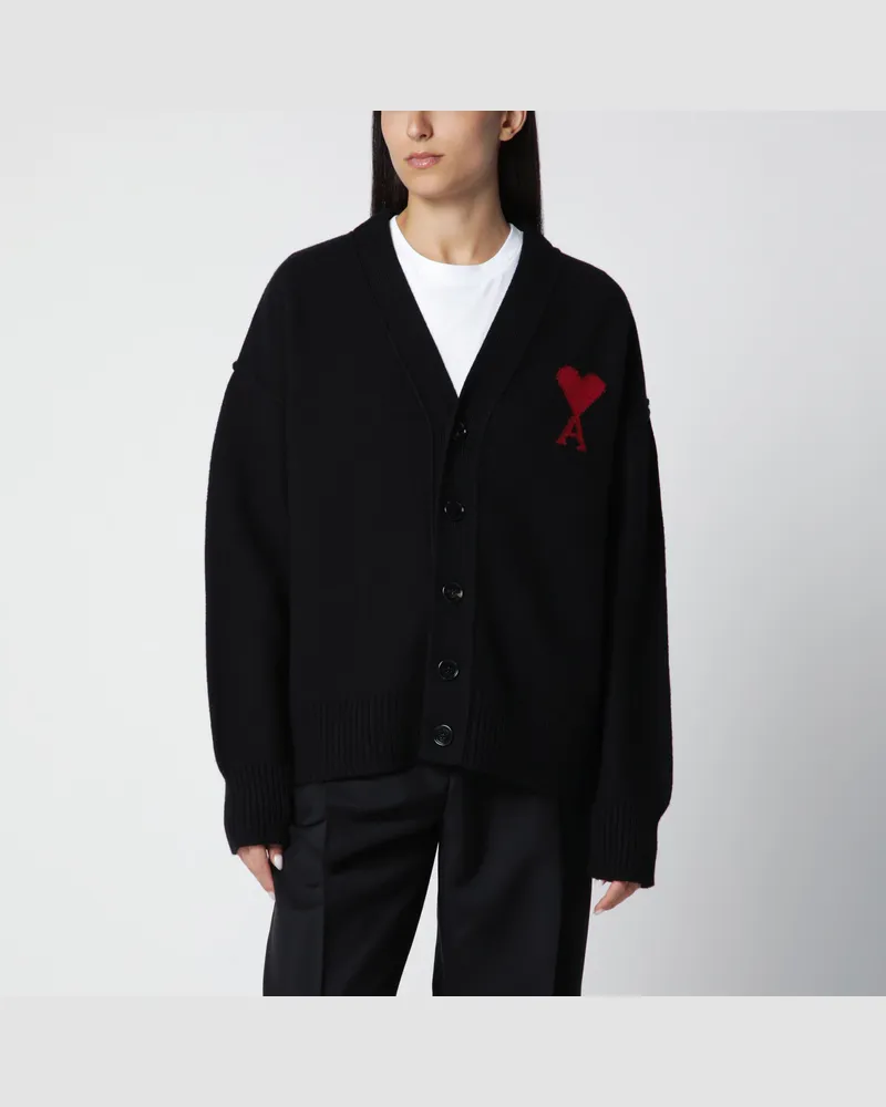 AMI Paris Ami De Coeur Cardigan aus schwarzem Merinowollstrick Black