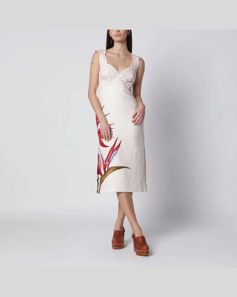 FARM Rio Midi-Kleid aus Leinen in Sandfarbe mit Strelitzienmuster White