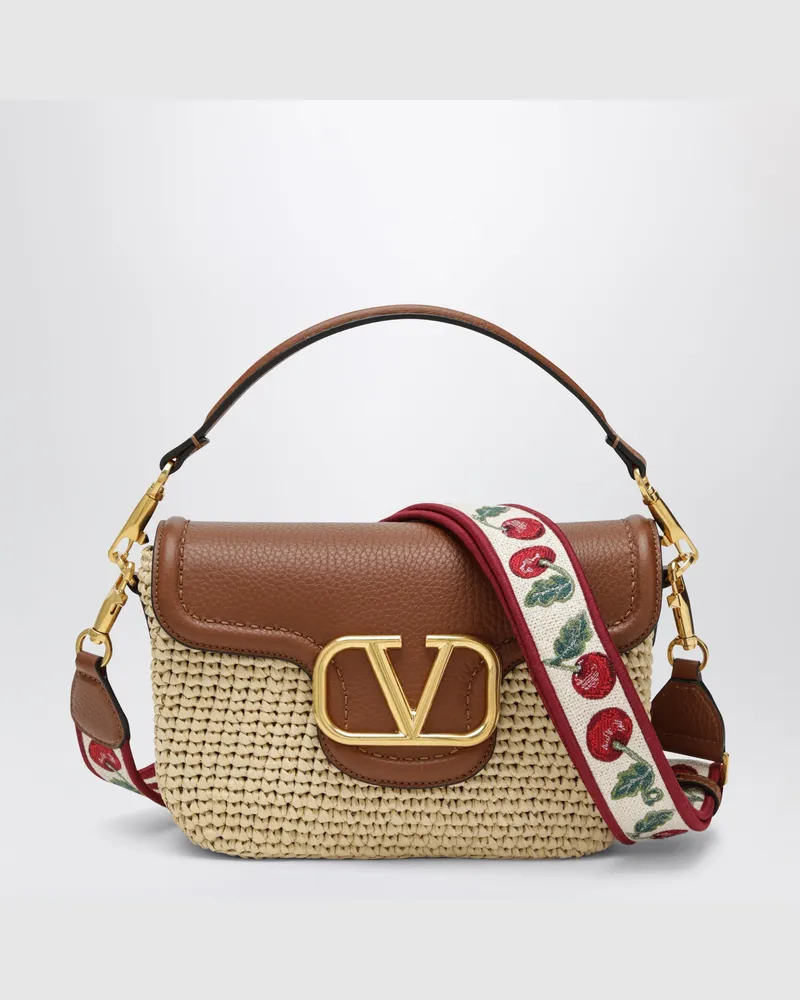 Valentino Garavani Alltime Tasche aus Raffia und Leder mit besticktem Cherryfic-Schulterriemen Beige