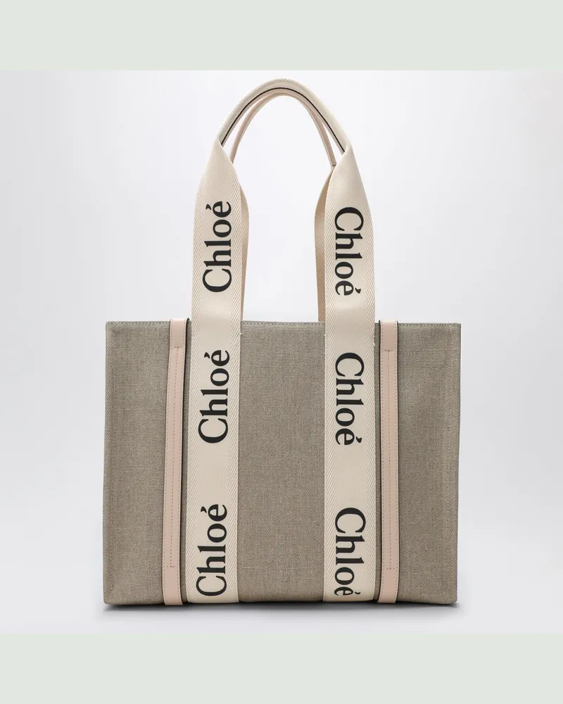Chloé Woody Tasche in mittlerer Größe aus beigem Canvas Pink