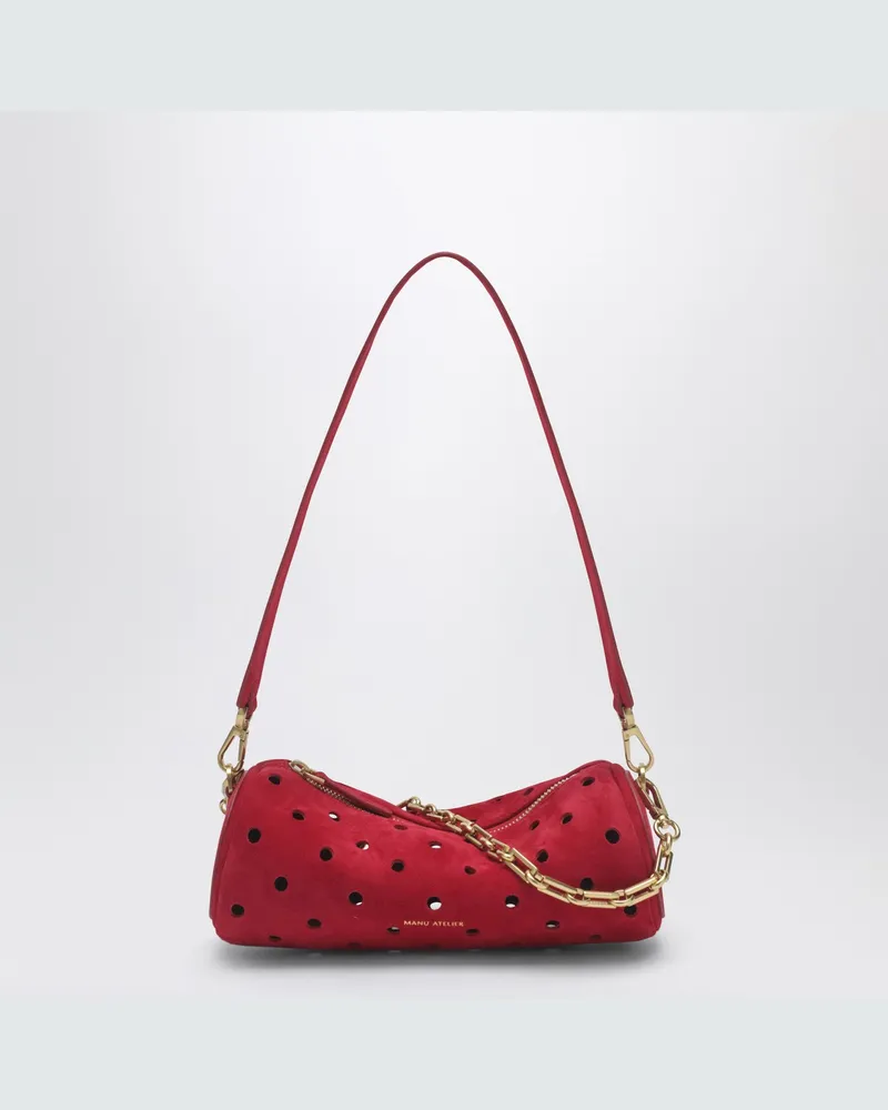 Manu Atelier Mini Cylinder Tasche aus perforiertem rotem Wildleder Red