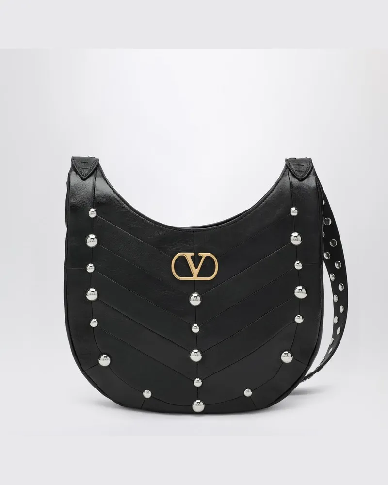 Valentino Garavani Kleine Hoboho Tasche mit schwarzem Chevron-Muster und Nieten Schwarz