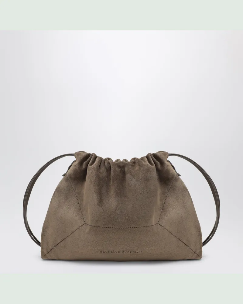 Brunello Cucinelli Graugrüne BC Duo Pouch Tasche aus Veloursleder mit Monile Brown
