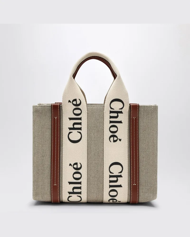 Chloé Kleine Woody-Tasche aus beigem Leinen White