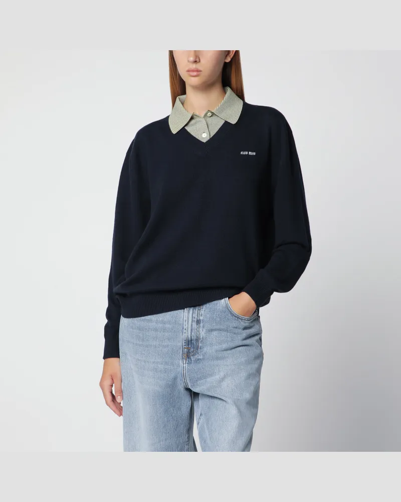 Miu Miu Pullover mit Kragen aus Wolle und Kaschmir in Blau Blue