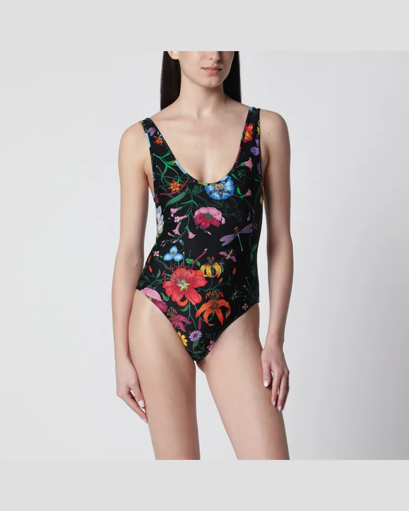 Gucci Badeanzug Aus Glänzendem Jersey Mit Flora-Print Multicolor