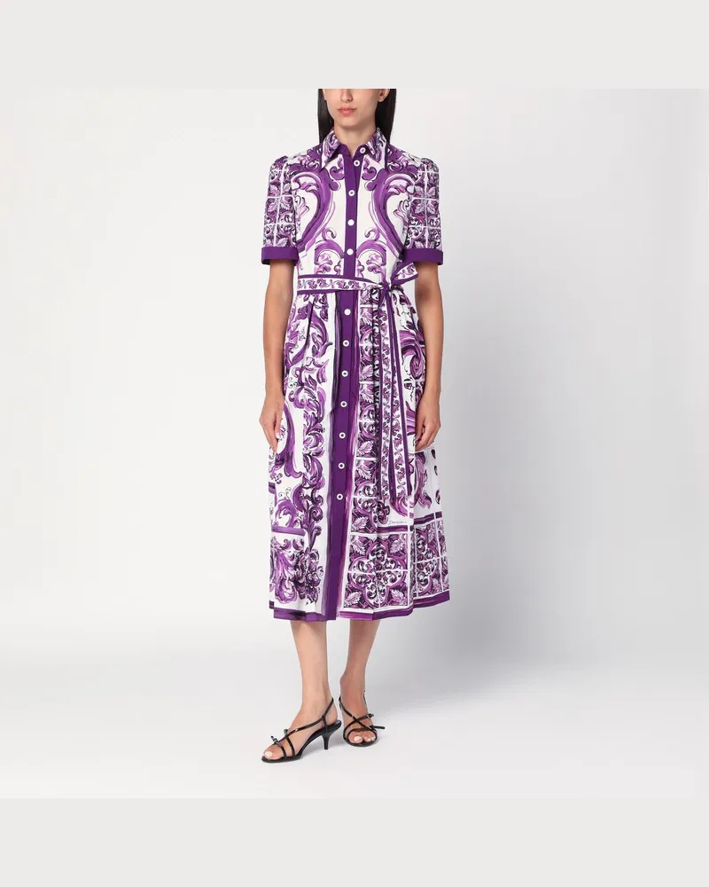 Dolce & Gabbana Hemdblusenkleid aus Popeline mit Majolika-Print Violett