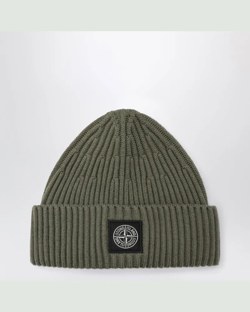 Stone Island Grüne gerippte Wollmütze mit Compass-Patch Green