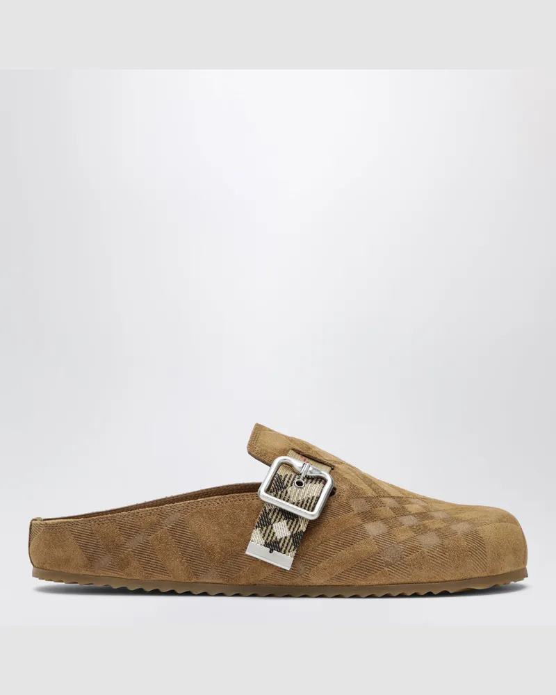 Burberry Urchin Clogs aus Wildleder mit Check-Muster Beige