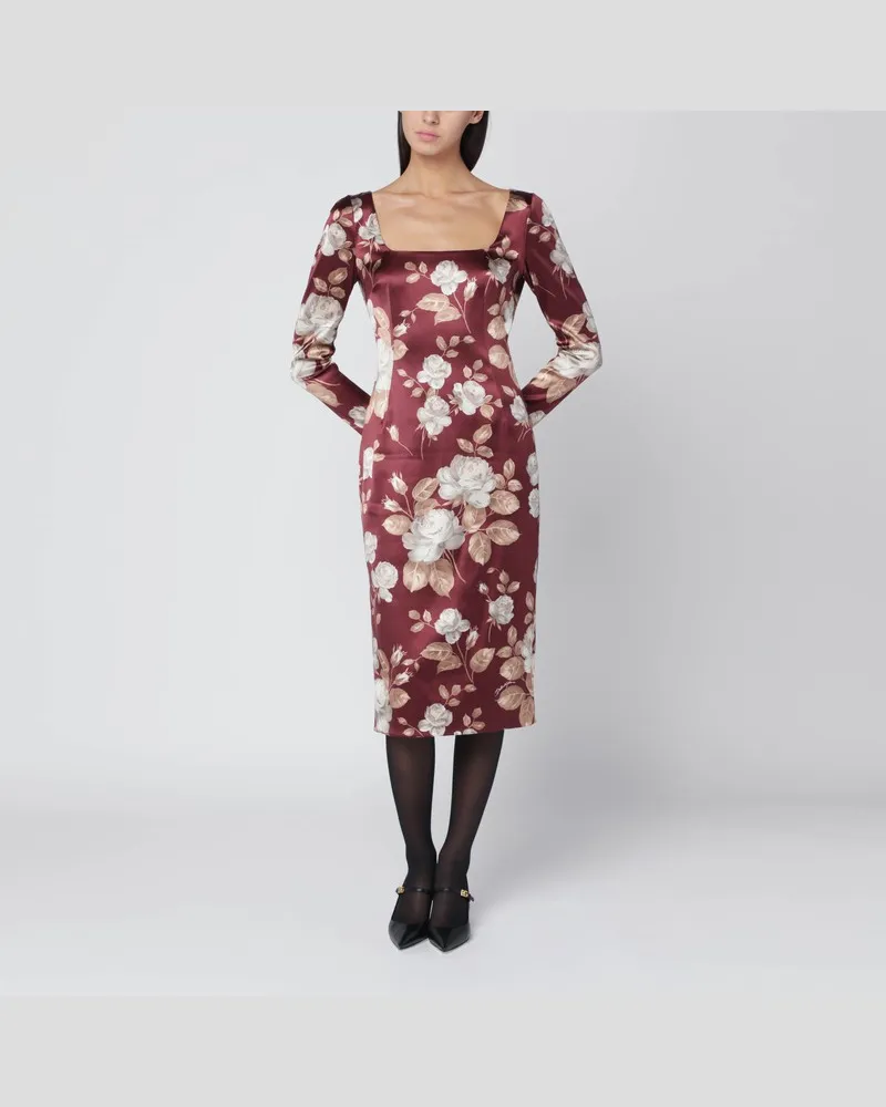 Dolce & Gabbana Burgunderfarbenes Satinkleid mit Blumenmuster Rosa
