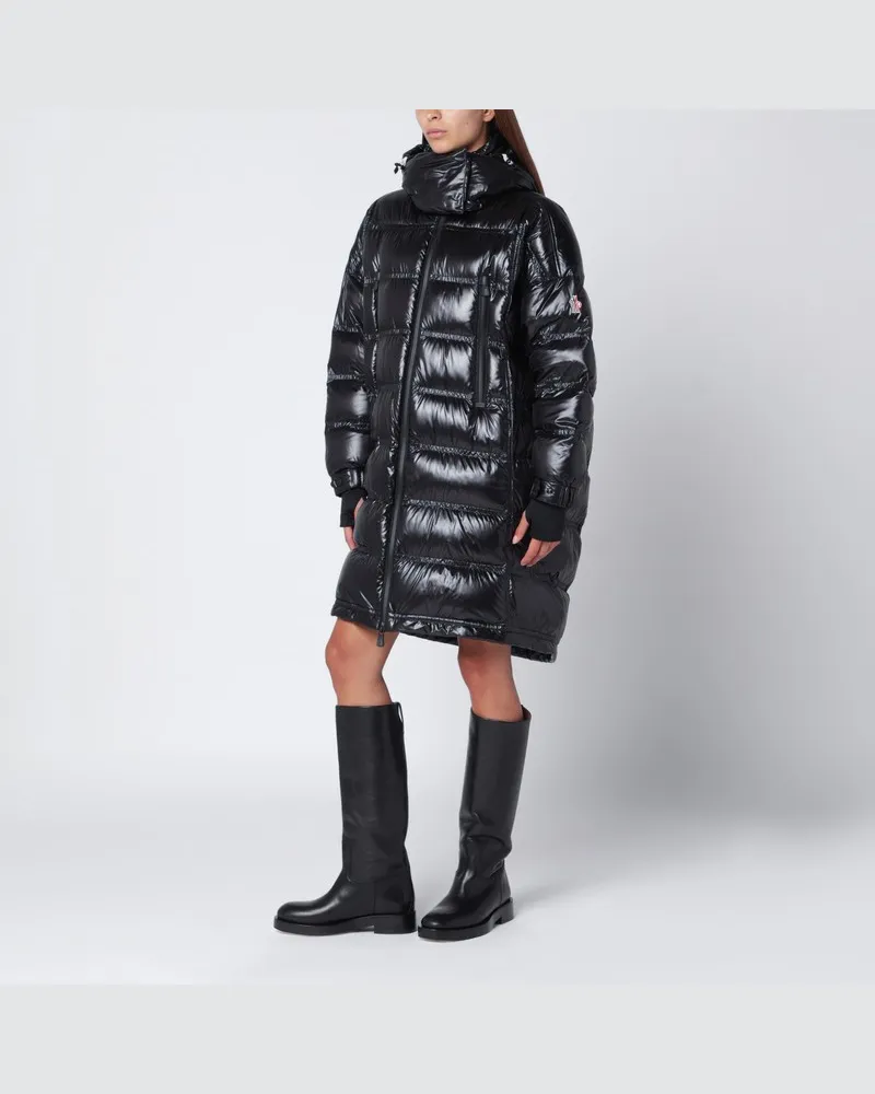 Moncler Langer glänzender schwarzer Daunenmantel Schwarz