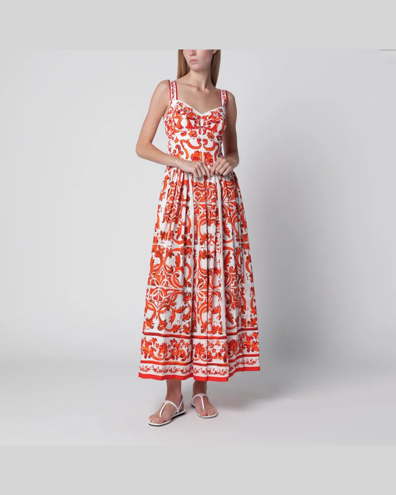 Dolce & Gabbana Langes Popelinekleid mit Majolika-Print in Orange Orange