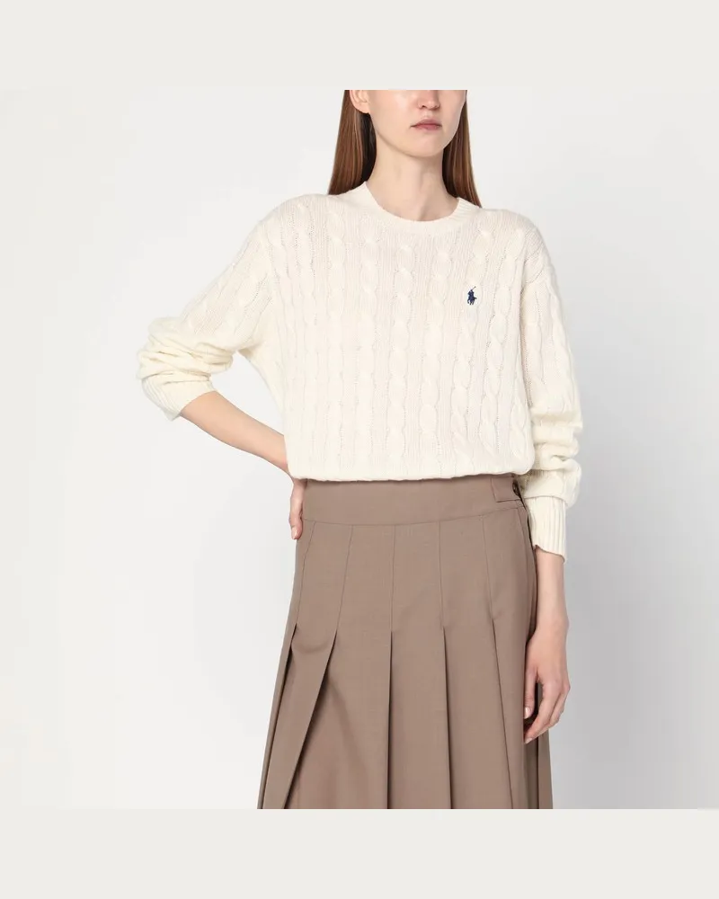 Ralph Lauren Cremefarbener Zopfpullover aus Wolle und Kaschmir Weiß
