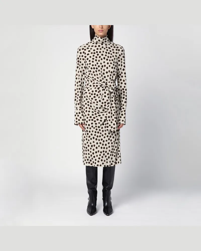 Dries van Noten Ecrufarbenes gepunktetes Kleid mit Schleife Beige
