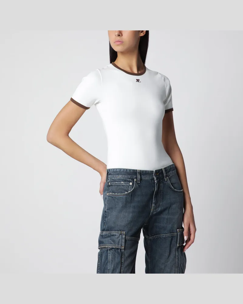 Courrèges Weiß/Braunes Baumwoll-T-Shirt mit kontrastierendem Rundhalsausschnitt White