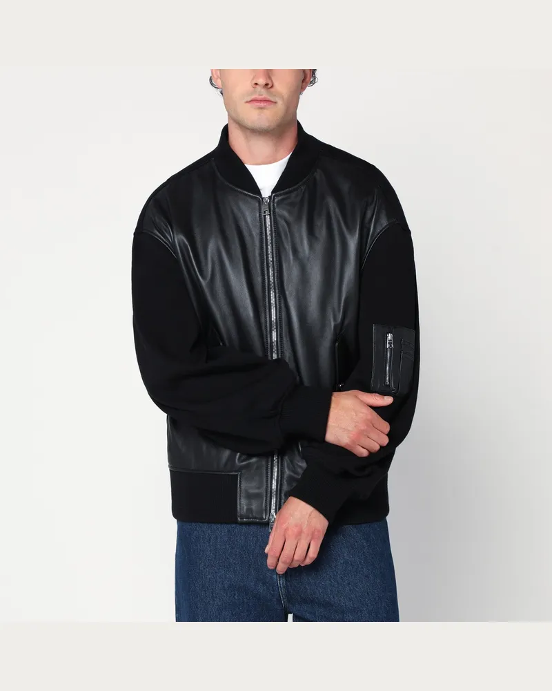 Givenchy Schwarze Lederbomberjacke mit Wollärmeln Black