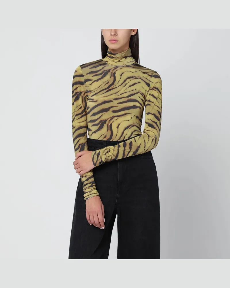Ganni Khakifarbener Zebra-Print-Rollkragenpullover Grün