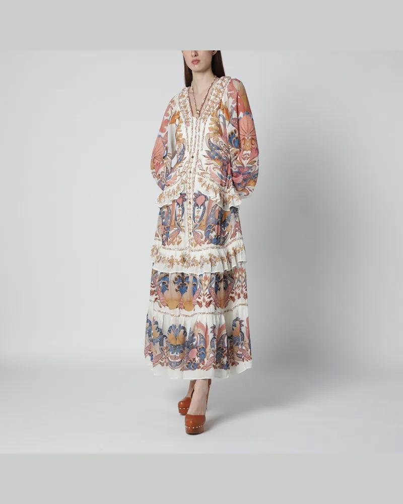 FARM Rio Weißes Sea-Garden-Kleid mit Stufenvolants Multicolor