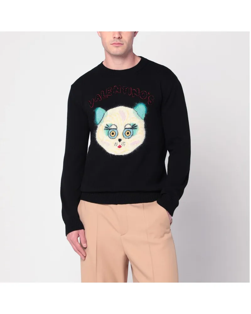 Valentino Garavani Schwarzer Pullover mit Le Chat de la Maison-Patch Schwarz