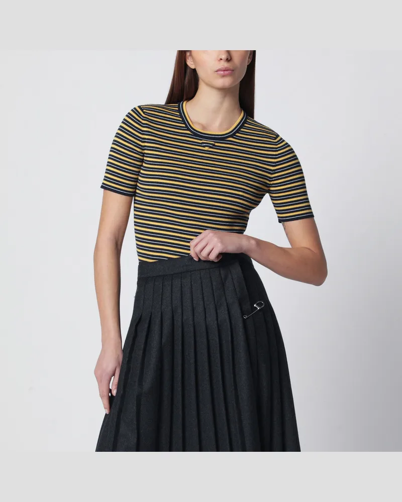 Prada Gestreiftes Stretch-Baumwoll-T-Shirt in Navy/Gelb Blue