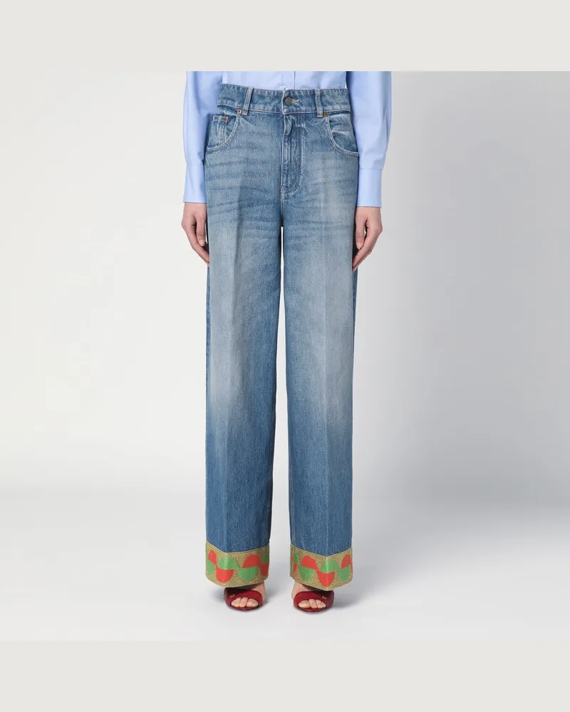 Valentino Garavani Blaue ausgewaschene Jeans mit Jacquard-Saum Blau