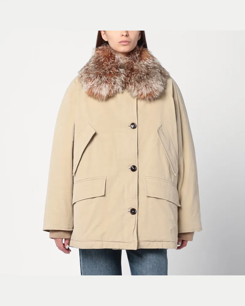 Prada Daunenjacke in Seilfarbe mit Pelzkragen Beige