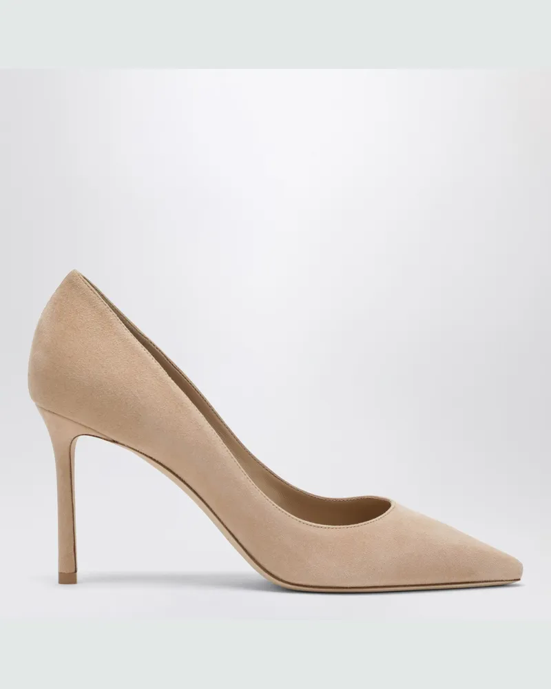 Jimmy Choo Romy 85 Pumps aus hellbeigem Wildleder 