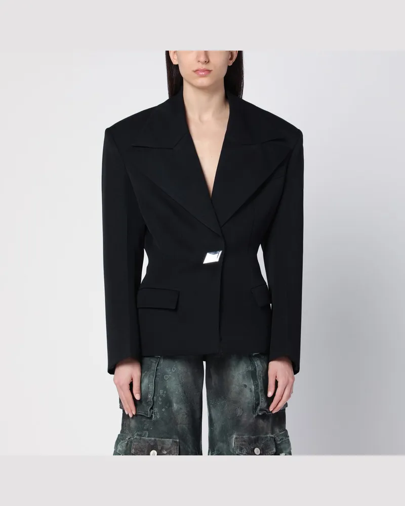 ATTICO Einreihige schwarze Wolljacke mit Schulterpolstern Schwarz