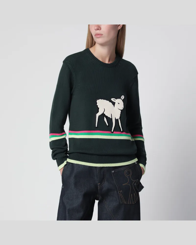J.W.Anderson Dunkelgrüner Pullover aus Baumwolle mit Schafstickerei Green