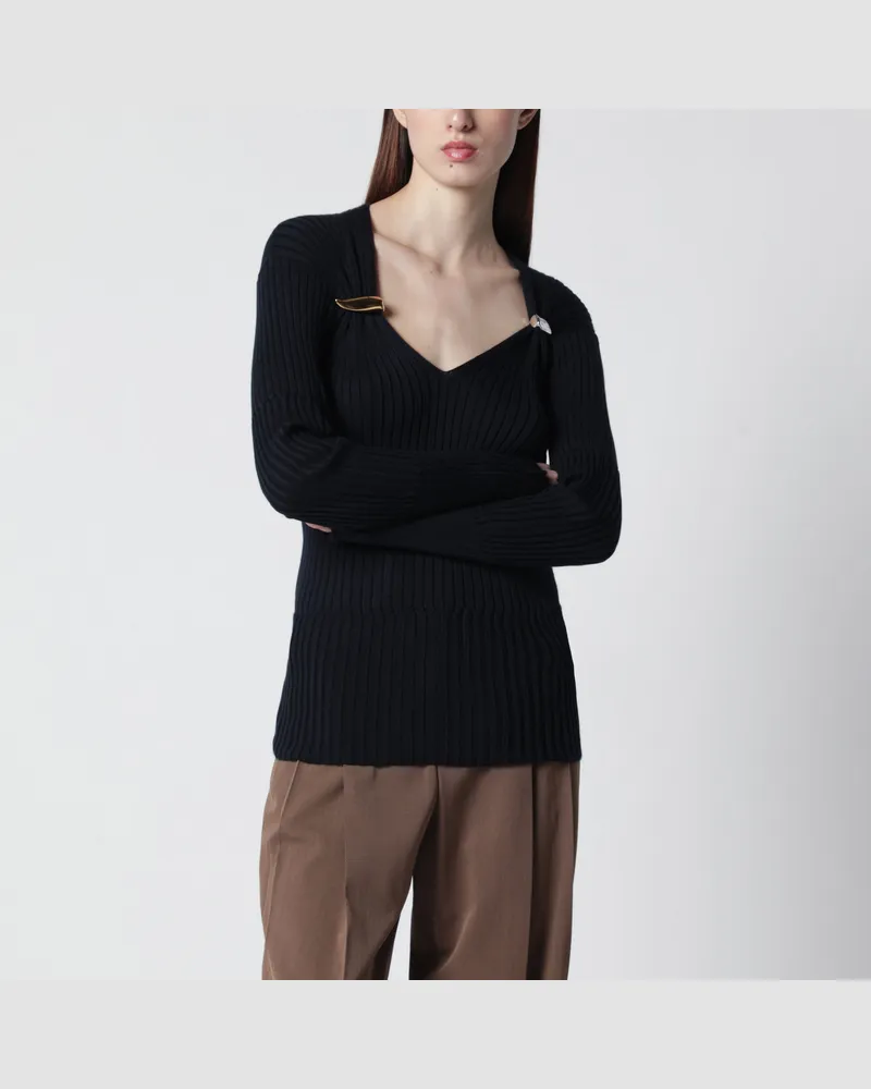 Bottega Veneta Gerippter Pullover mit Prisma-Broschen aus blauem Kaschmir und Seide Blue