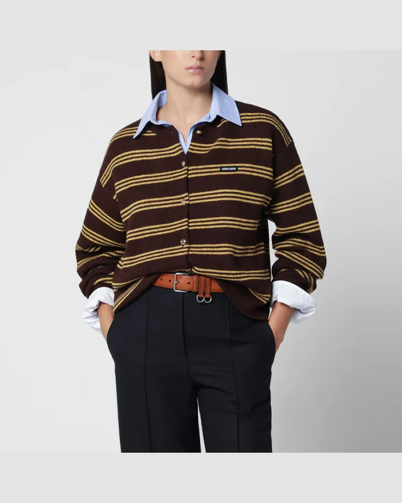 Miu Miu Kakaofarbener gestreifter Cardigan aus Wolle Brown