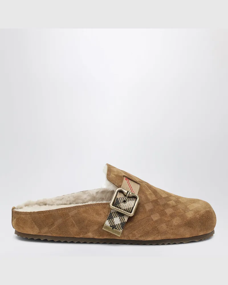 Burberry Urchin Clogs aus Veloursleder mit Shearling und Check in Jute Beige