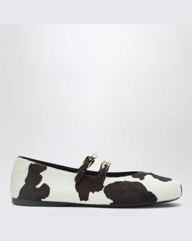 Prada Weiße/dunkelbraune Ballerinas mit Animal-Print Weiß