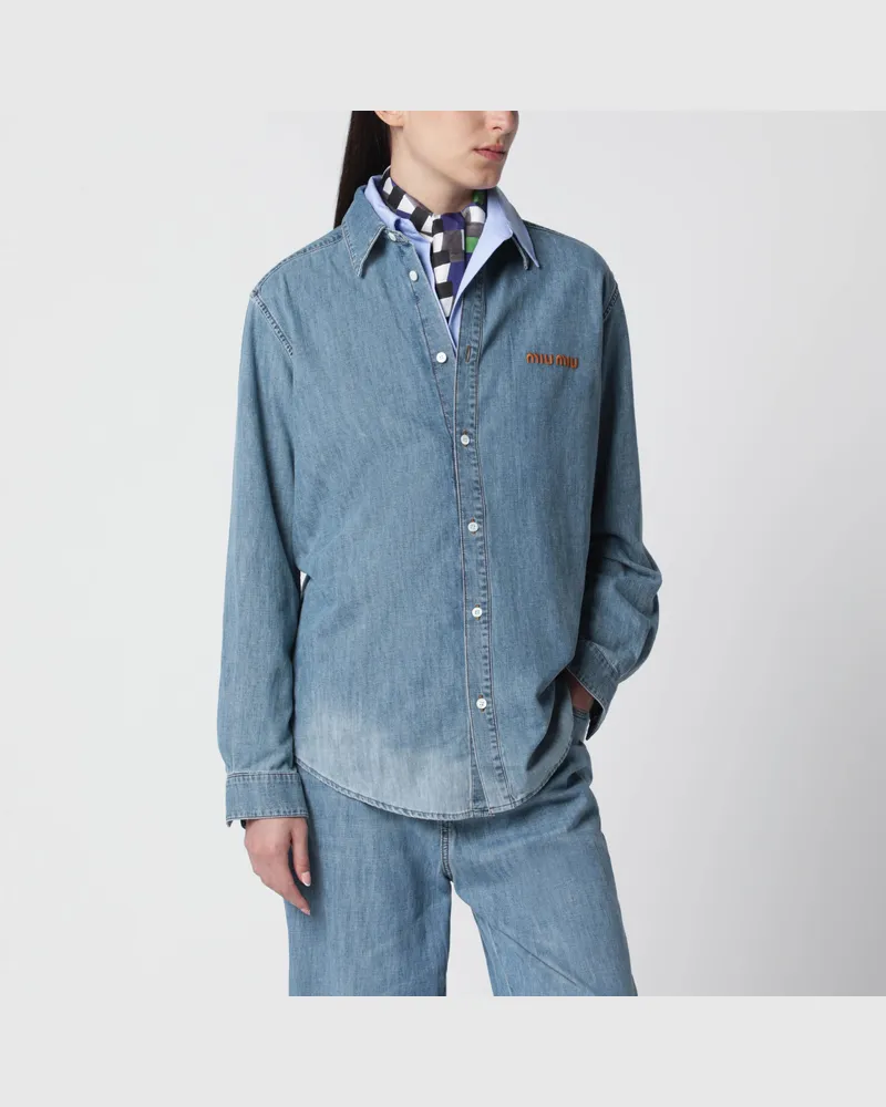 Miu Miu Gebleichtes Baumwoll-Chambray-Hemd in Hellblau Light