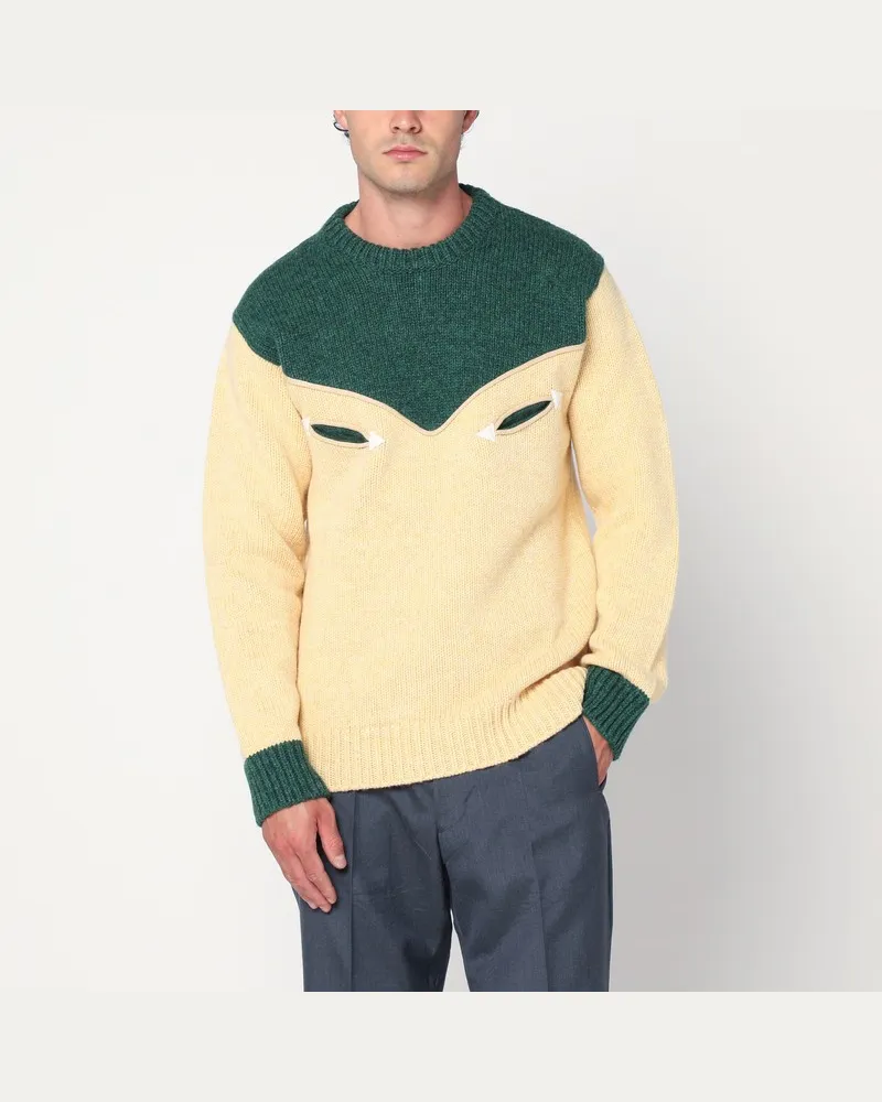 Prada Creme- und smaragdgrüner Wollpullover Mehrfarbig