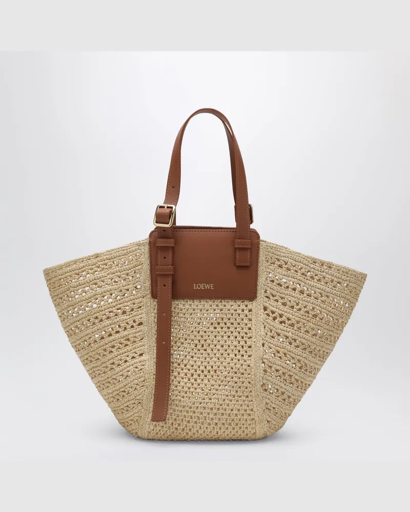 Loewe Mittelgroße Hammock Cabas Tasche aus Raffia und Leder Beige