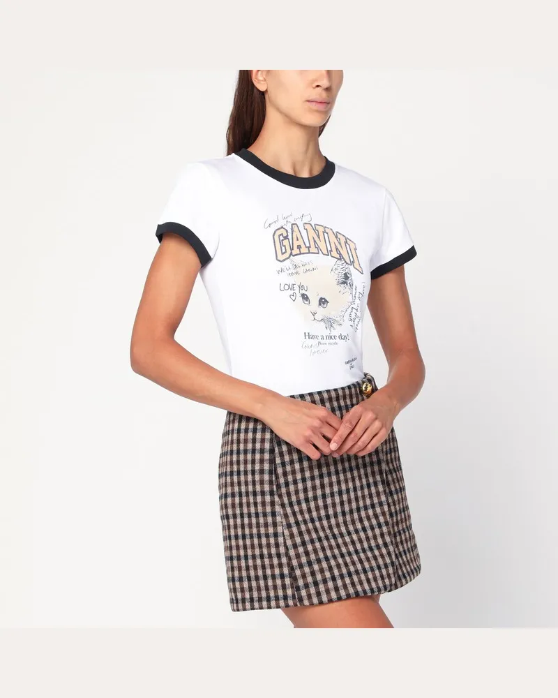 Ganni Weißes Cropped Kitty T-Shirt Weiß