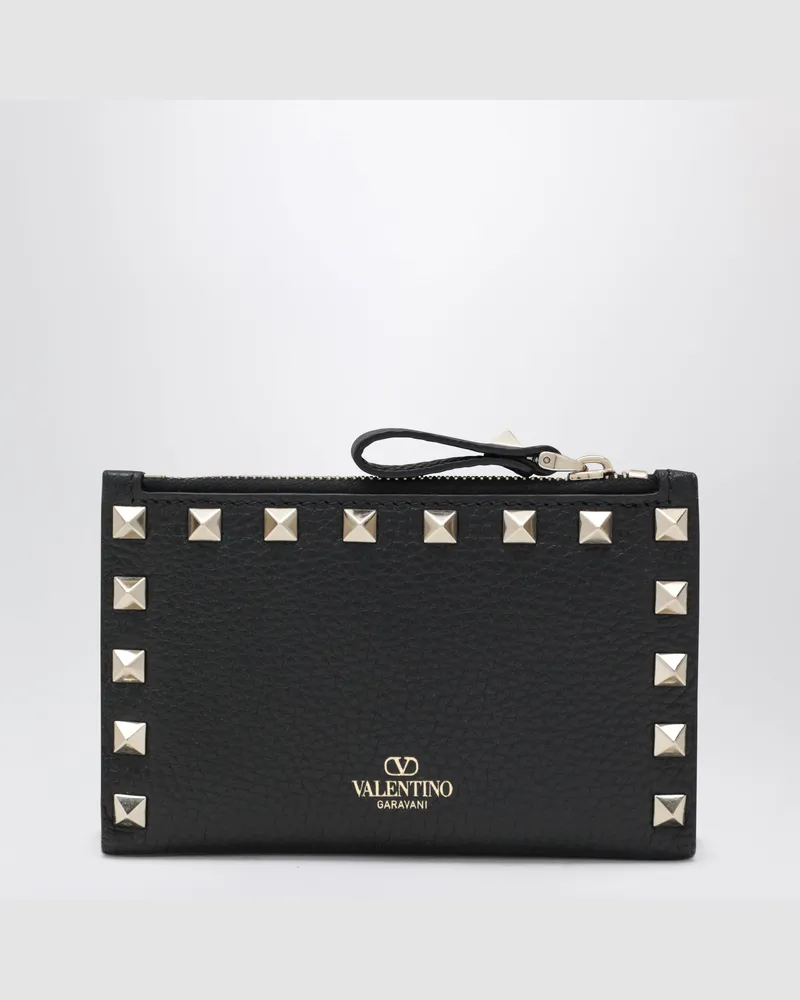 Valentino Garavani Rockstud Kartenhalter mit Reißverschluss aus schwarzem Leder Black