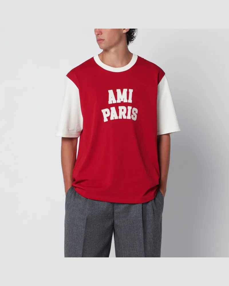AMI Paris Rubinrotes T-Shirt mit Logo-Stickerei Red