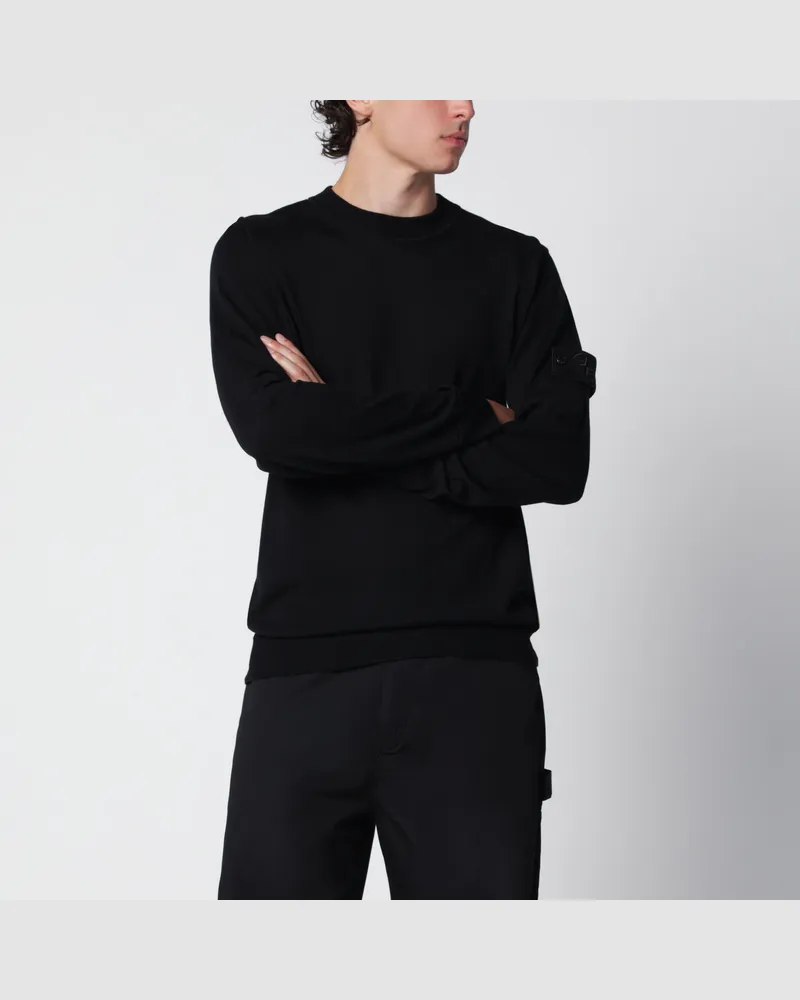 Stone Island Schwarzer Rundhalspullover aus Wolle Black