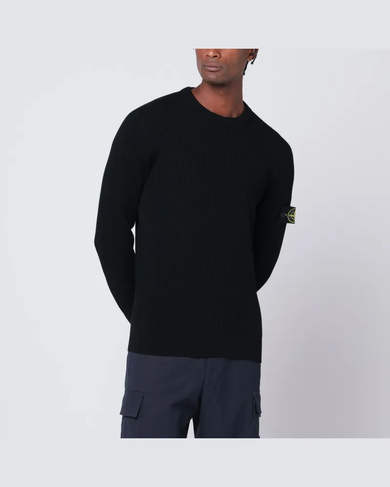 Stone Island Gerippter schwarzer Wollpullover Schwarz