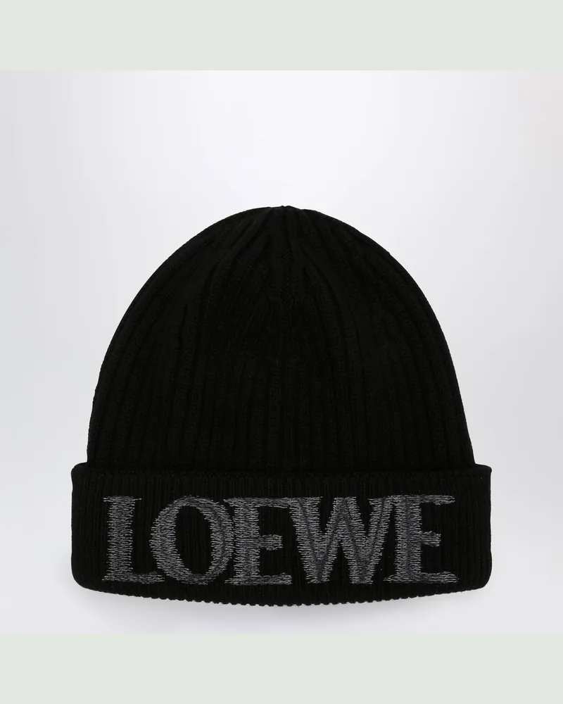Loewe Schwarze Wollmütze mit gesticktem Logo Black