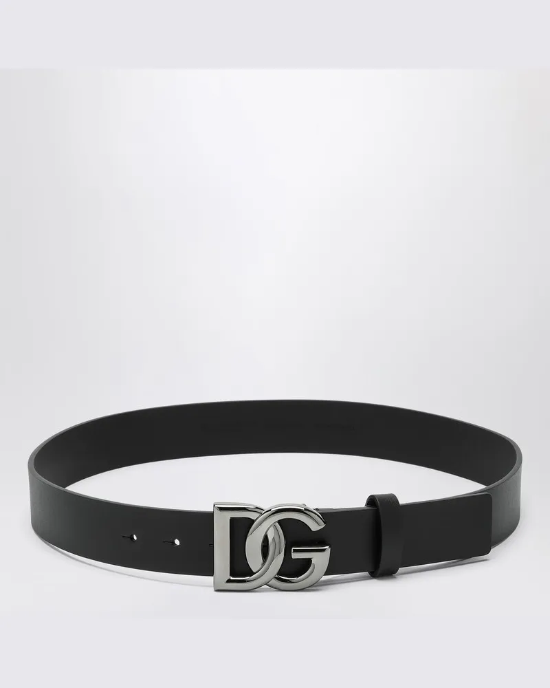 Dolce & Gabbana Schwarzer Gürtel mit goldener DG-Plakette aus Ruthenium