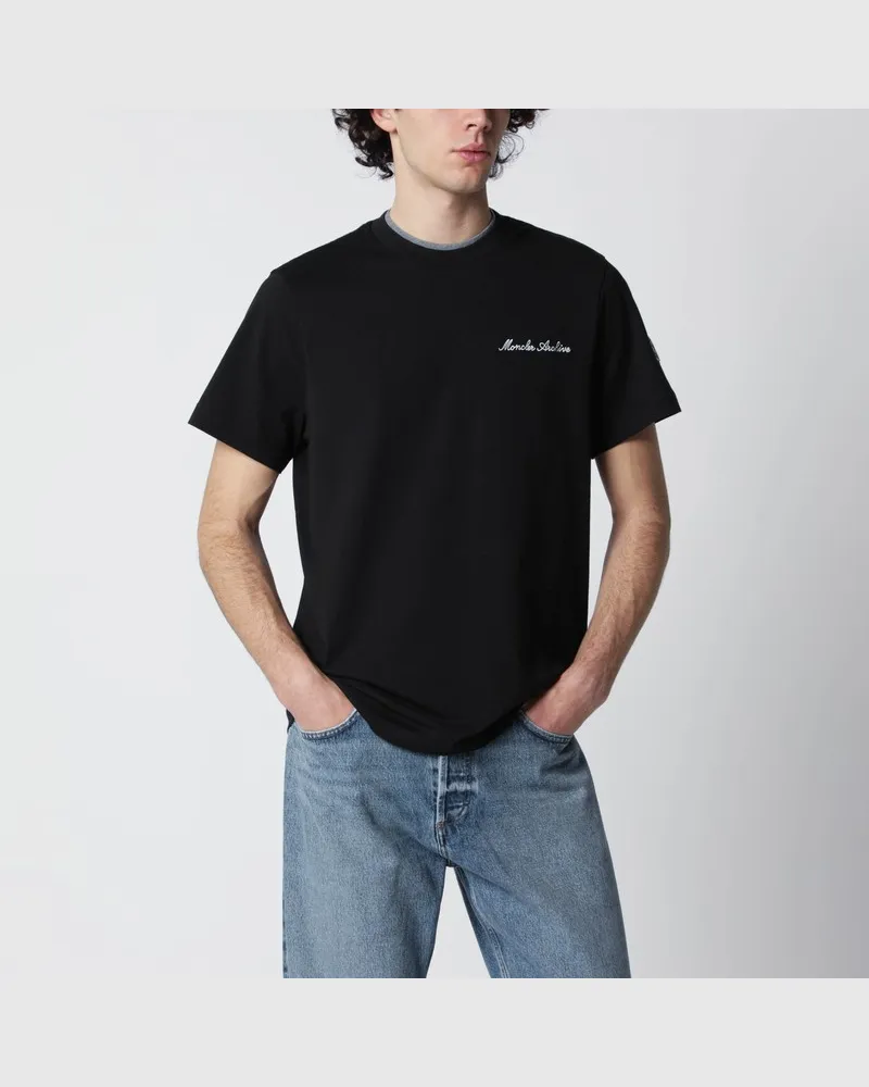 Moncler Schwarzes T-Shirt mit gesticktem Logo Schwarz