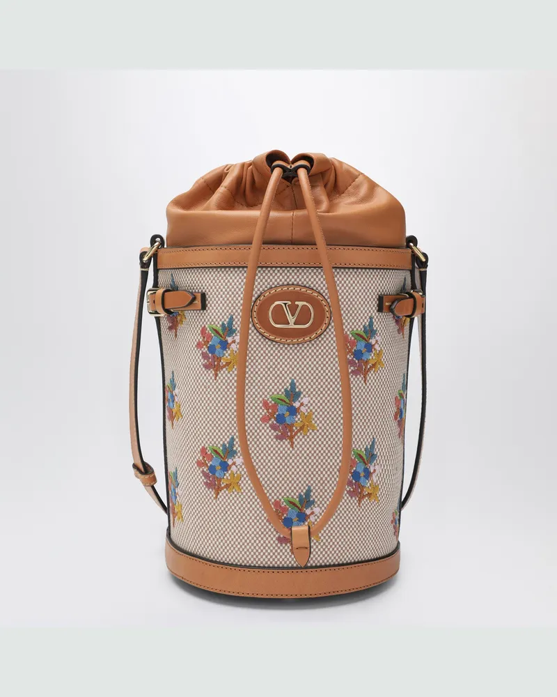 Valentino Garavani Bucket Bag aus Canvas mit floraler Stickerei Beige