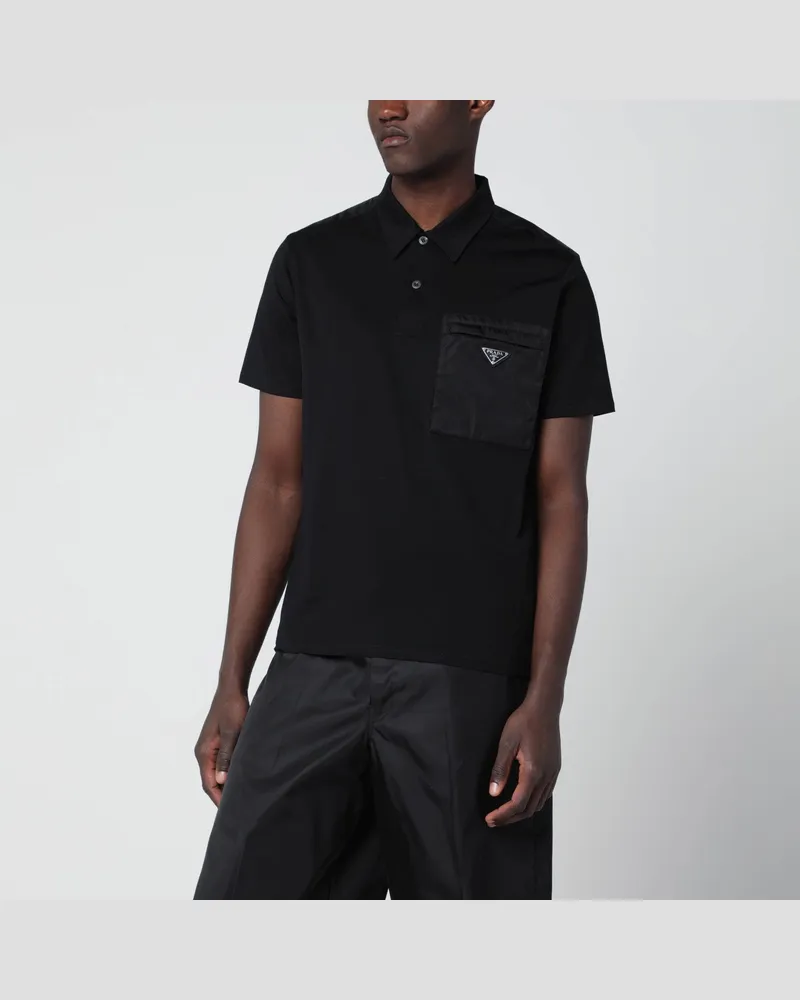 Prada Schwarzes Polohemd aus Stretch-Baumwolle und Re-Nylon 