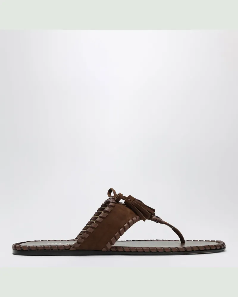 Prada Flip-Flops aus Wildleder und Nappaleder mit Quasten Brown