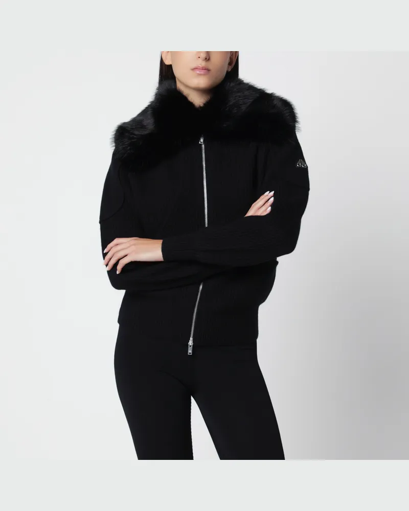 Moose Knuckles Schwarzer Wollcardigan mit Kunstpelzkragen Black