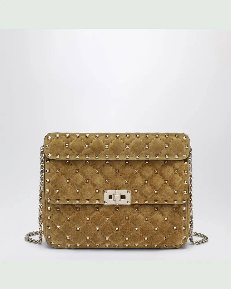 Valentino Garavani Mittelgroße Rockstud Spike Tasche aus havanabeigem Veloursleder Beige