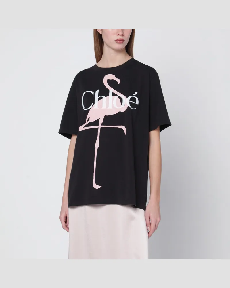Chloé Schwarzes weites T-Shirt mit Logo und Flamingo-Print Black